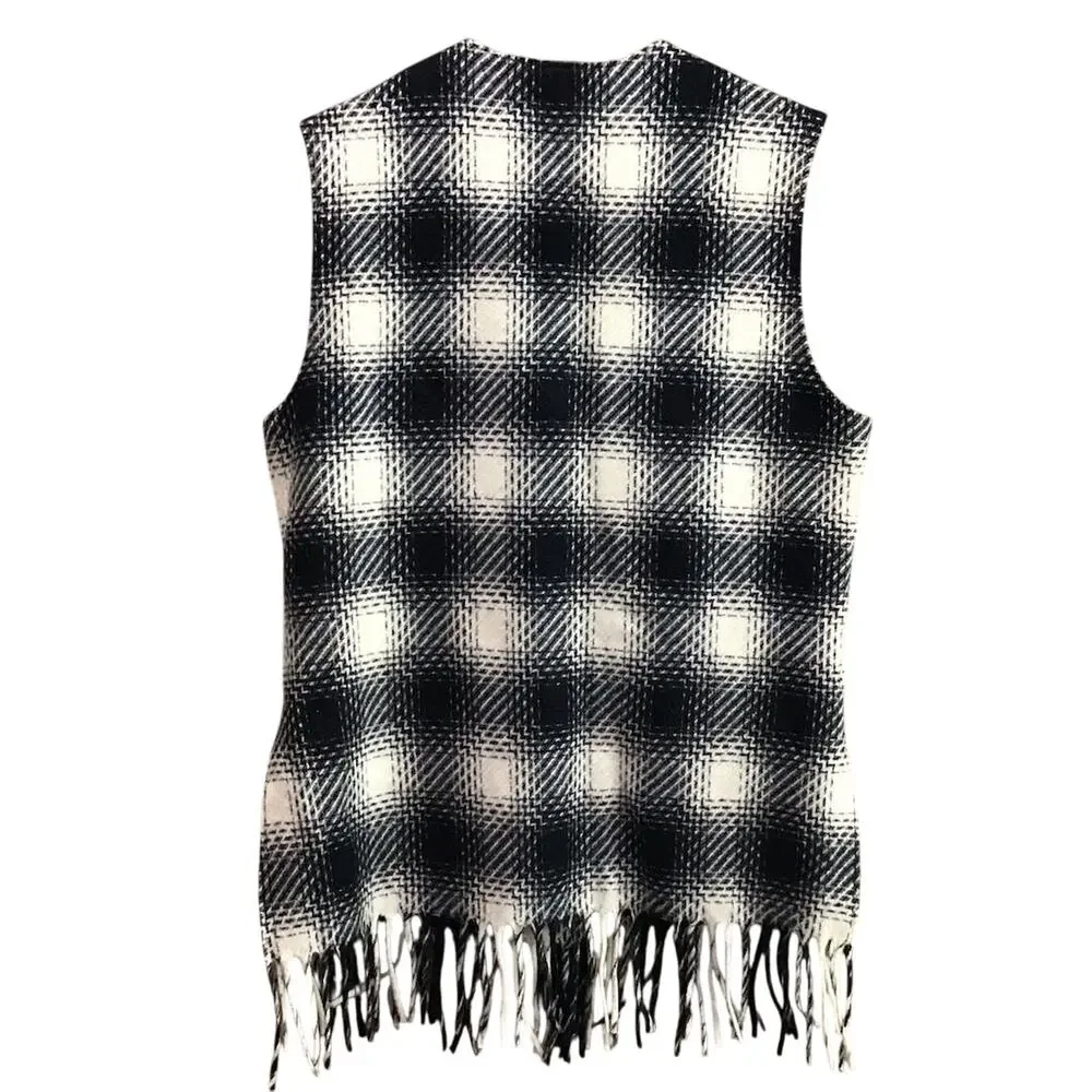 Pendleton‎ Knockabouts Vest Womens Medium Black Plaid Wool Button Fringe Vintage - Picture 3 of 6
